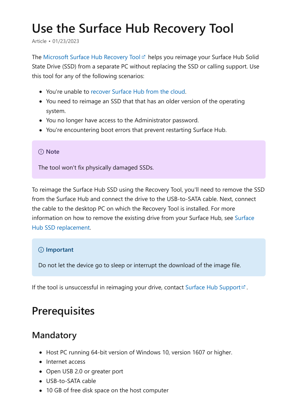 Use surface hub v1 recovery tool, Surface hub recovery tool, Using the | Using the surface hub recovery tool, Use the surface hub recovery tool, Prerequisites, Mandatory | Microsoft Surface Hub 2 SmCamera User Manual | Page 554 / 572