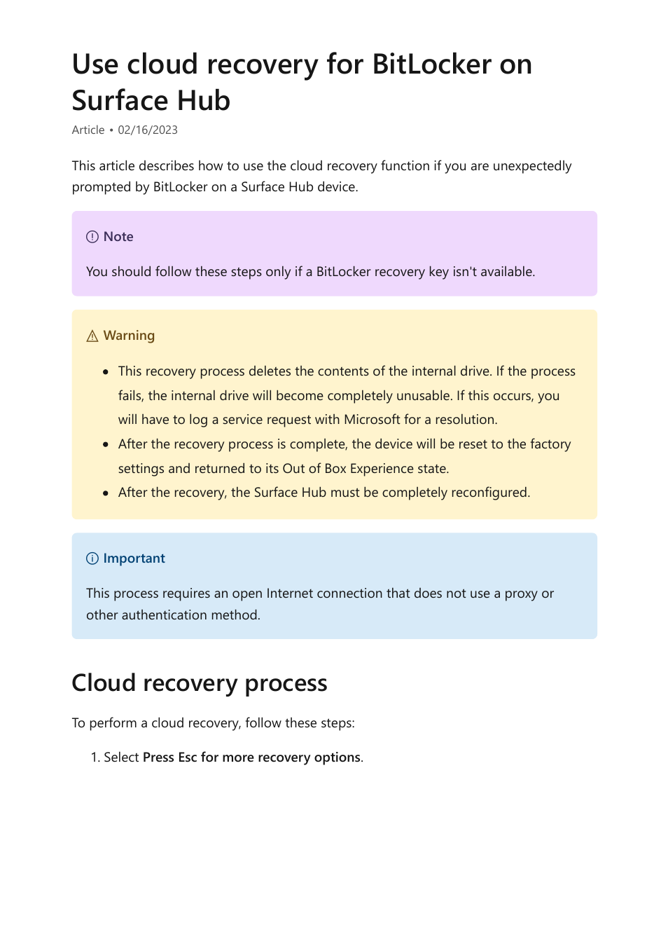 Use cloud recovery for bitlocker on surface hub, Cloud recovery process | Microsoft Surface Hub 2 SmCamera User Manual | Page 561 / 572