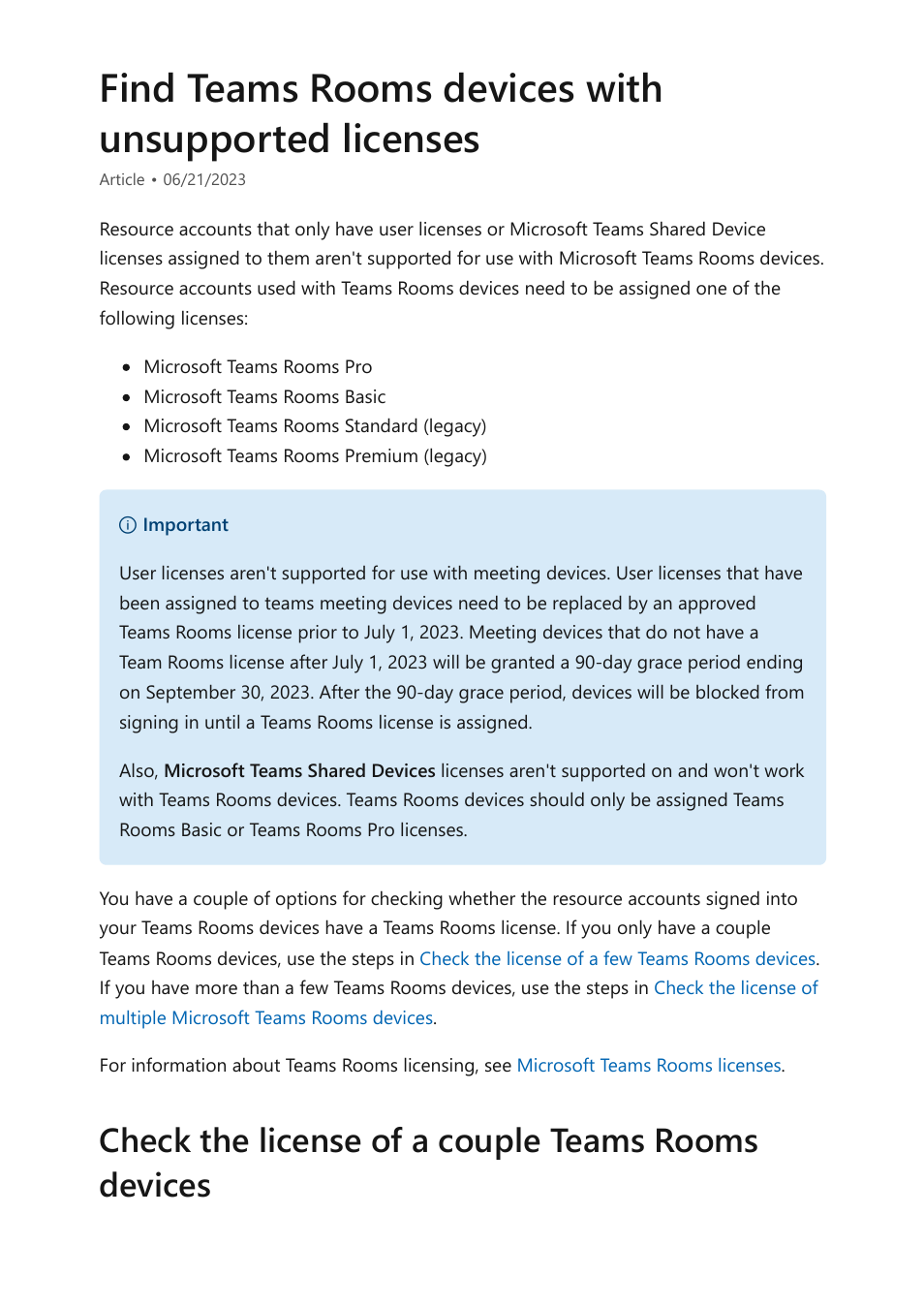 Find teams rooms devices with unsupported licenses, Check the license of a couple teams rooms devices | Microsoft Surface Hub 2 SmCamera User Manual | Page 57 / 572
