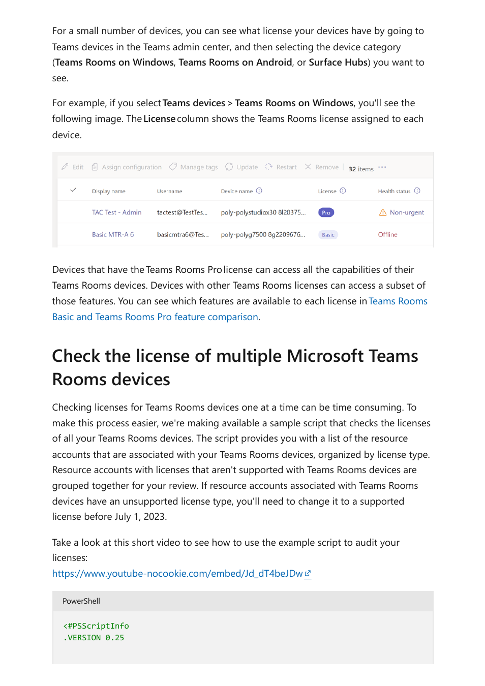 Use a sample powershell script to, Check teams rooms licenses on, Multiple devices | Check the license of, Multiple microsoft teams rooms devices | Microsoft Surface Hub 2 SmCamera User Manual | Page 58 / 572