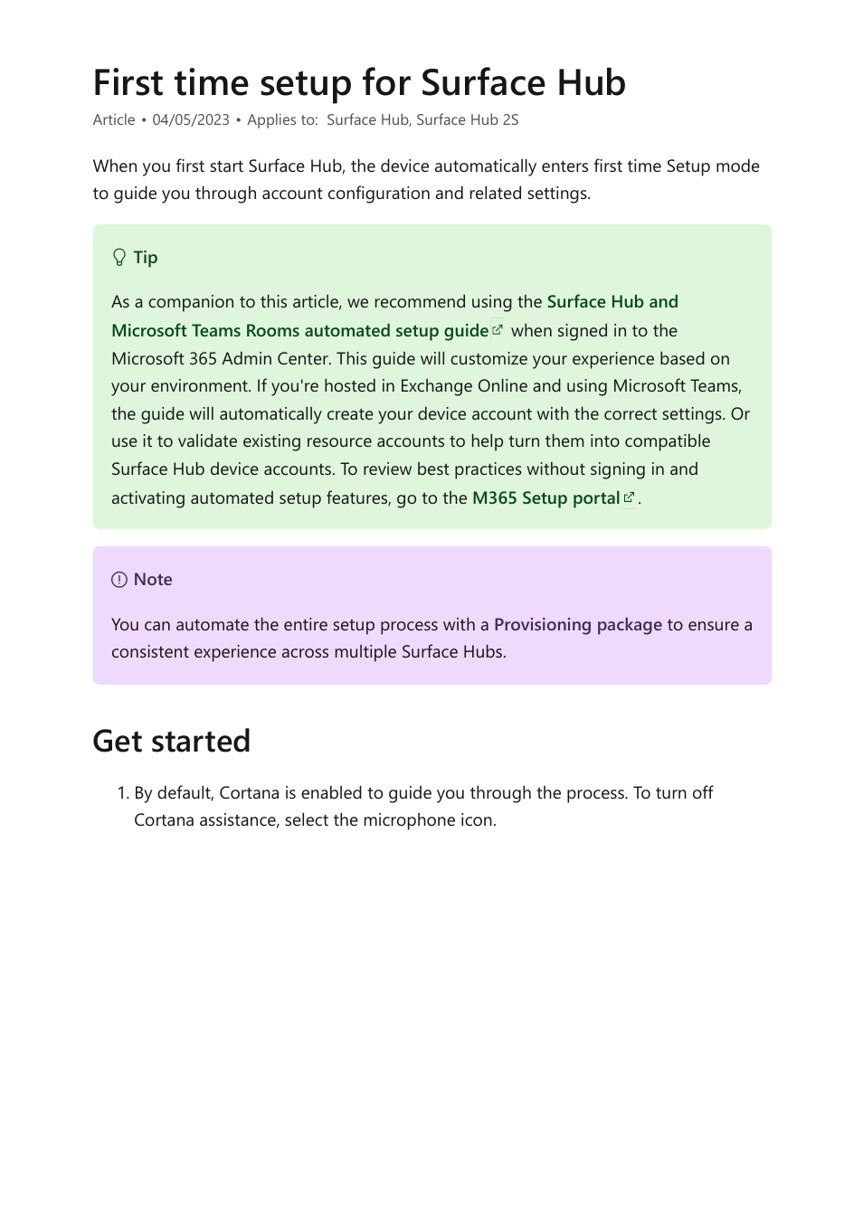 First time setup for surface hub, Get started | Microsoft Surface Hub 2 SmCamera User Manual | Page 7 / 572