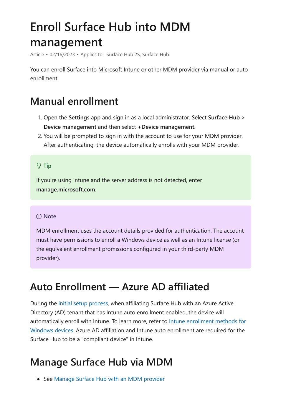 Enroll surface hub into mdm management, Manual enrollment | Microsoft Surface Hub 2 SmCamera User Manual | Page 70 / 572