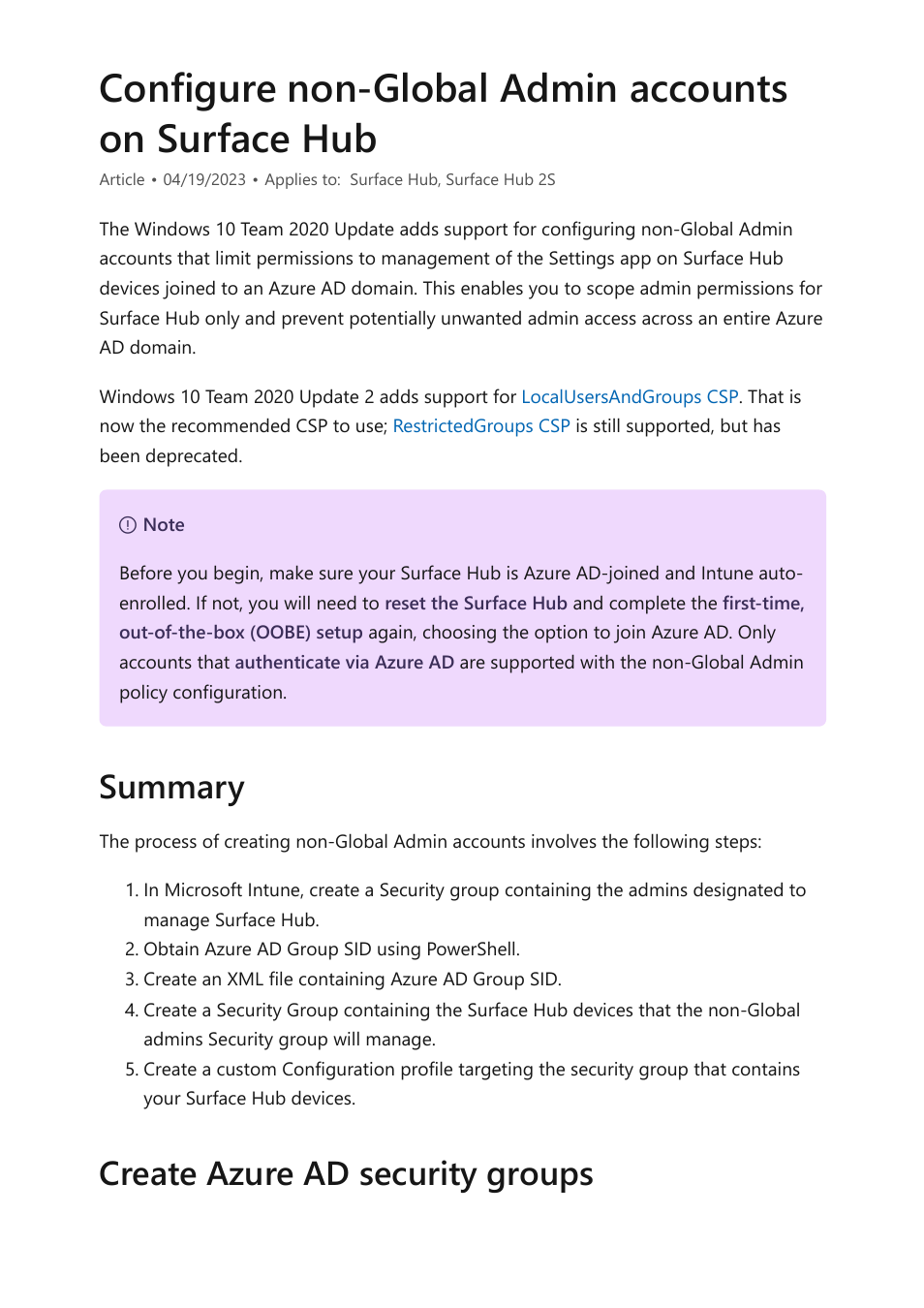 Configure non-global admin accounts, Configure non-global admin accounts on surface hub, Summary create azure ad security groups | Microsoft Surface Hub 2 SmCamera User Manual | Page 72 / 572