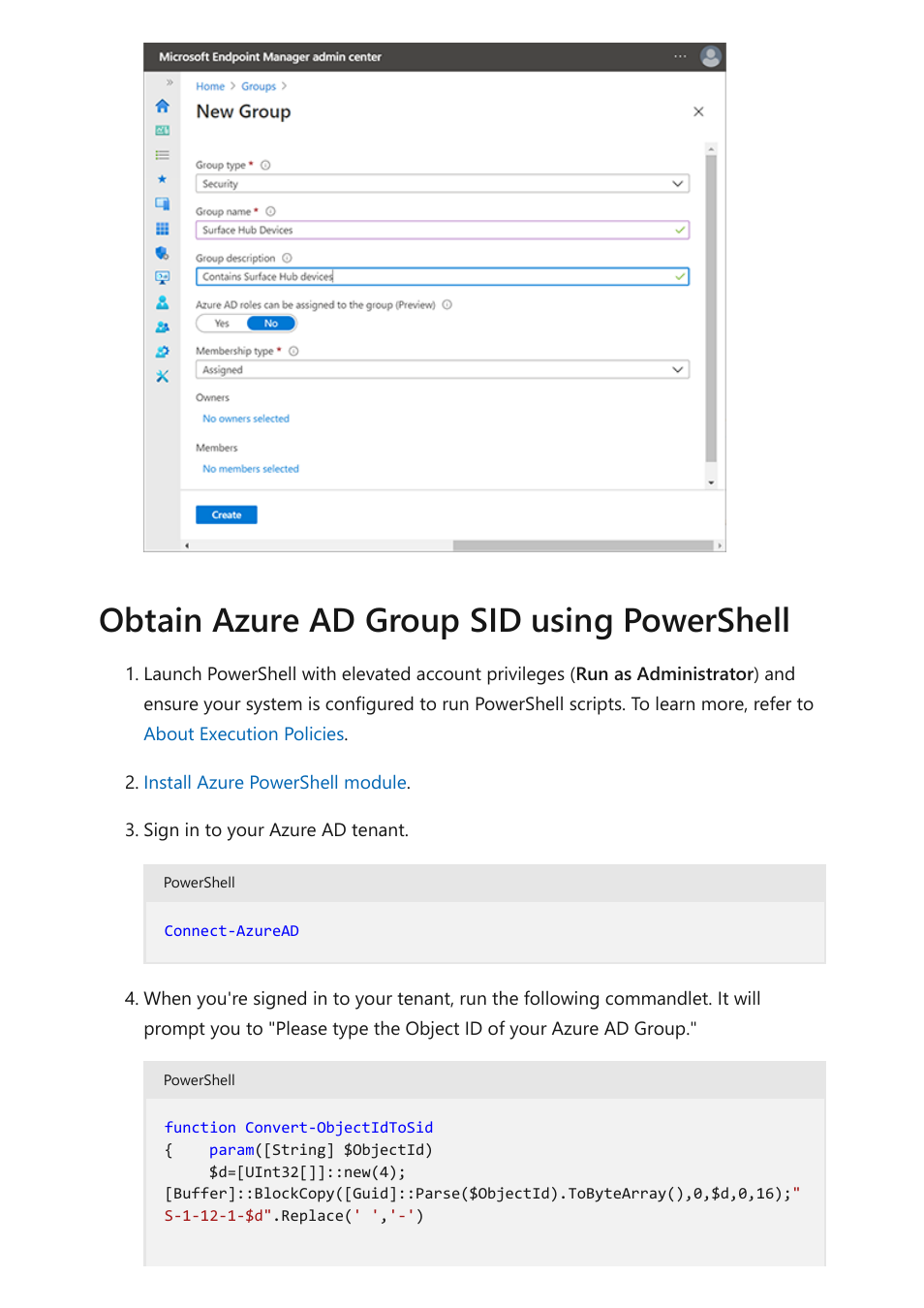 Obtain azure ad group sid using powershell | Microsoft Surface Hub 2 SmCamera User Manual | Page 74 / 572