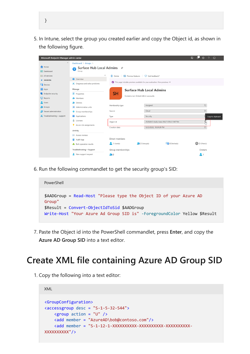 Create xml file containing azure ad group sid | Microsoft Surface Hub 2 SmCamera User Manual | Page 75 / 572