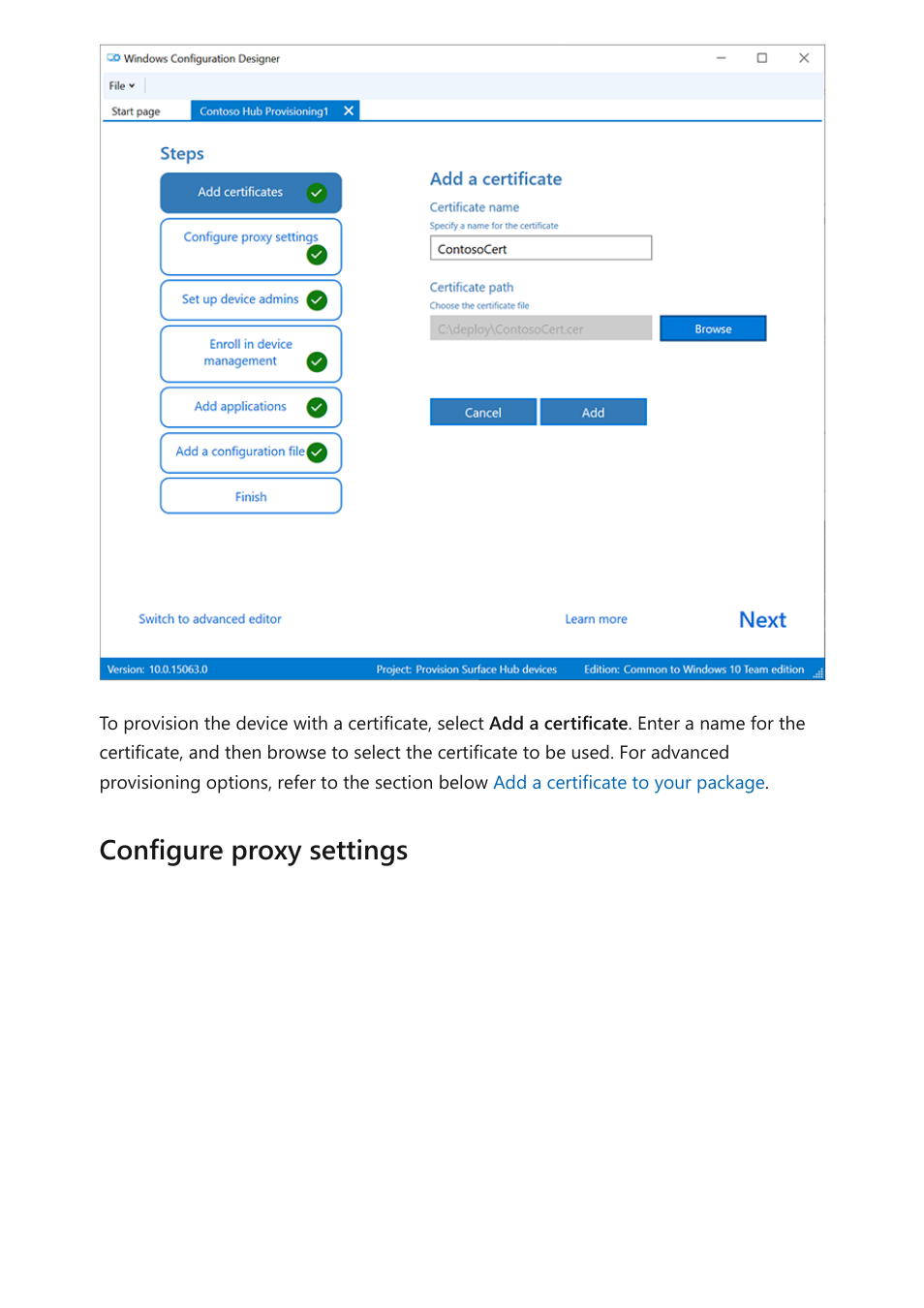 Configure proxy settings | Microsoft Surface Hub 2 SmCamera User Manual | Page 79 / 572