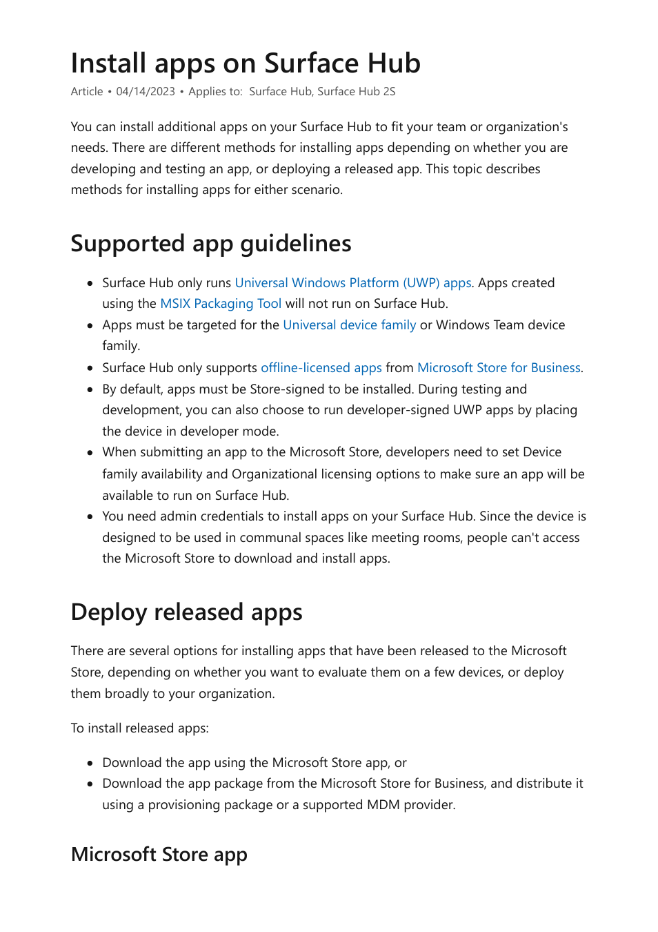 Install apps on surface hub, Supported app guidelines deploy released apps, Microsoft store app | Microsoft Surface Hub 2 SmCamera User Manual | Page 91 / 572