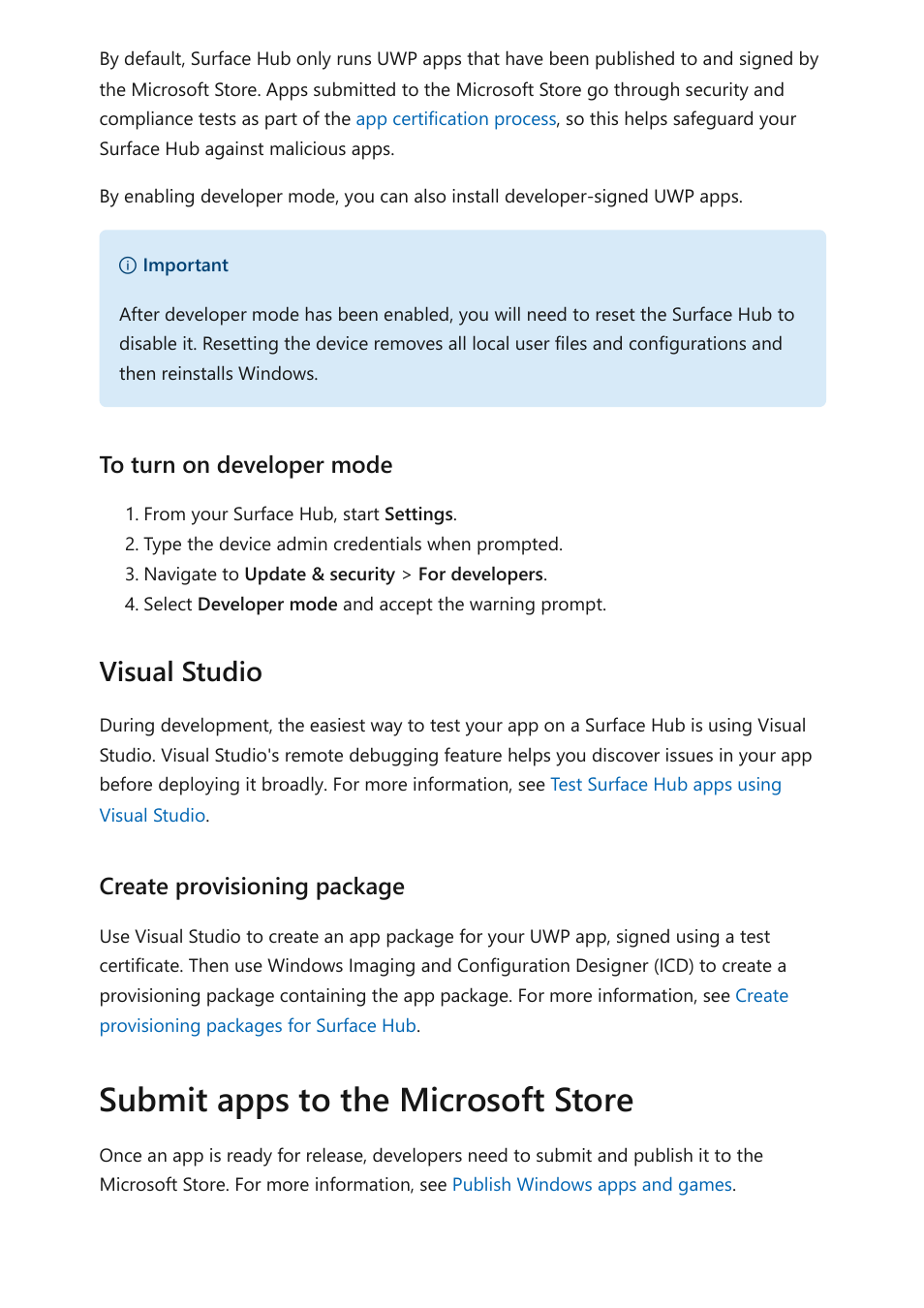 Submit apps to the microsoft store, Visual studio, Create provisioning package | Microsoft Surface Hub 2 SmCamera User Manual | Page 94 / 572