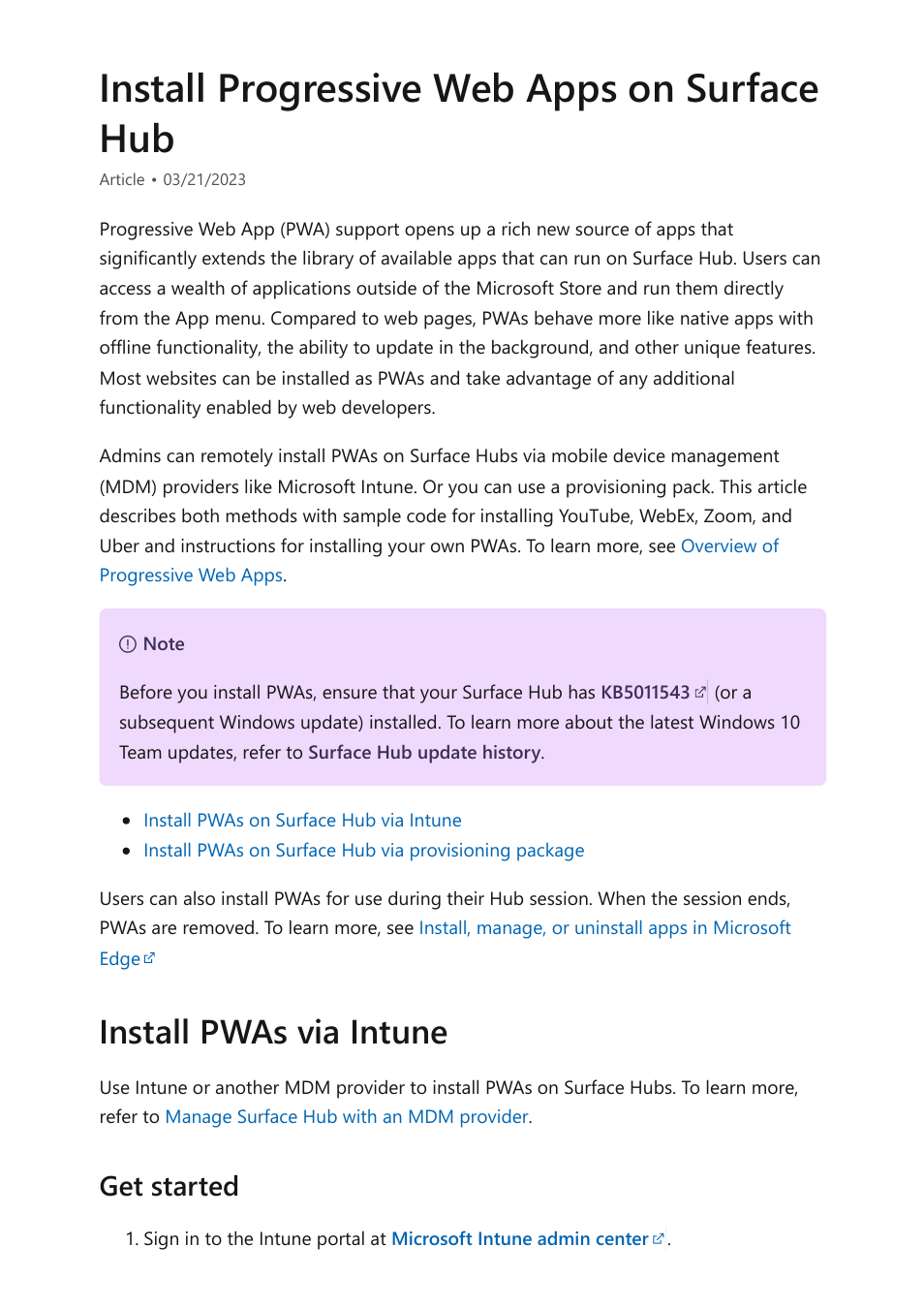 Install progressive web apps, Install progressive web apps on surface hub, Install pwas via intune | Get started | Microsoft Surface Hub 2 SmCamera User Manual | Page 98 / 572