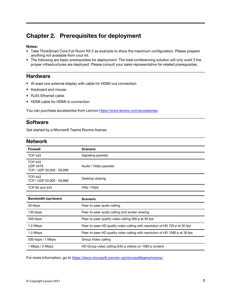 Chapter 2. prerequisites for deployment, Hardware, Software | Network | Lenovo ThinkSmCore and IP Controller Kit for Microsoft Teams Rooms User Manual | Page 13 / 106