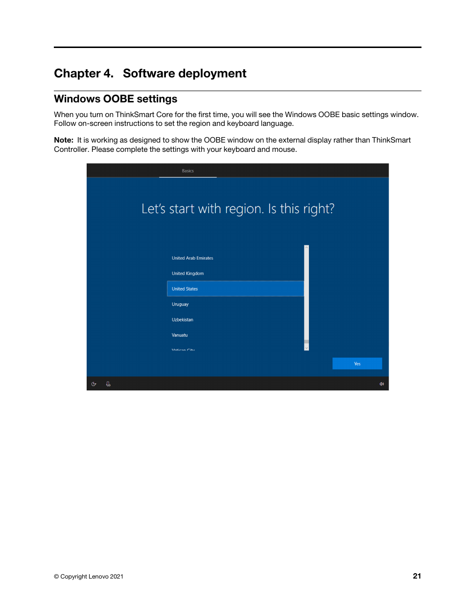 Chapter 4. software deployment, Windows oobe settings | Lenovo ThinkSmCore and IP Controller Kit for Microsoft Teams Rooms User Manual | Page 27 / 106