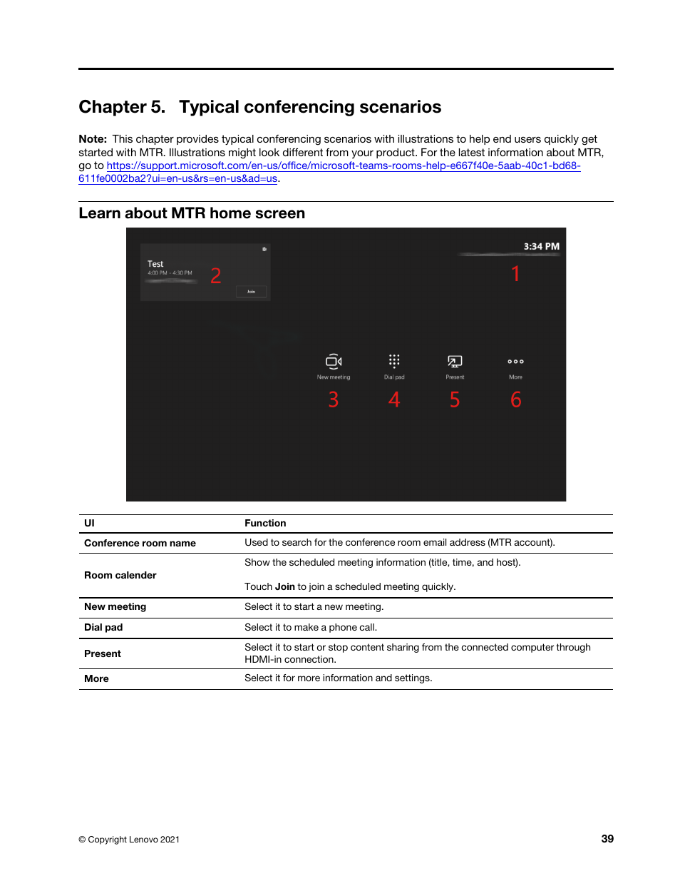 Chapter 5. typical conferencing scenarios, Learn about mtr home screen | Lenovo ThinkSmCore and IP Controller Kit for Microsoft Teams Rooms User Manual | Page 45 / 106
