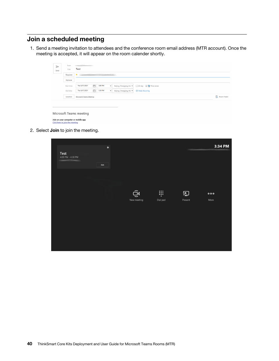 Join a scheduled meeting | Lenovo ThinkSmCore and IP Controller Kit for Microsoft Teams Rooms User Manual | Page 46 / 106