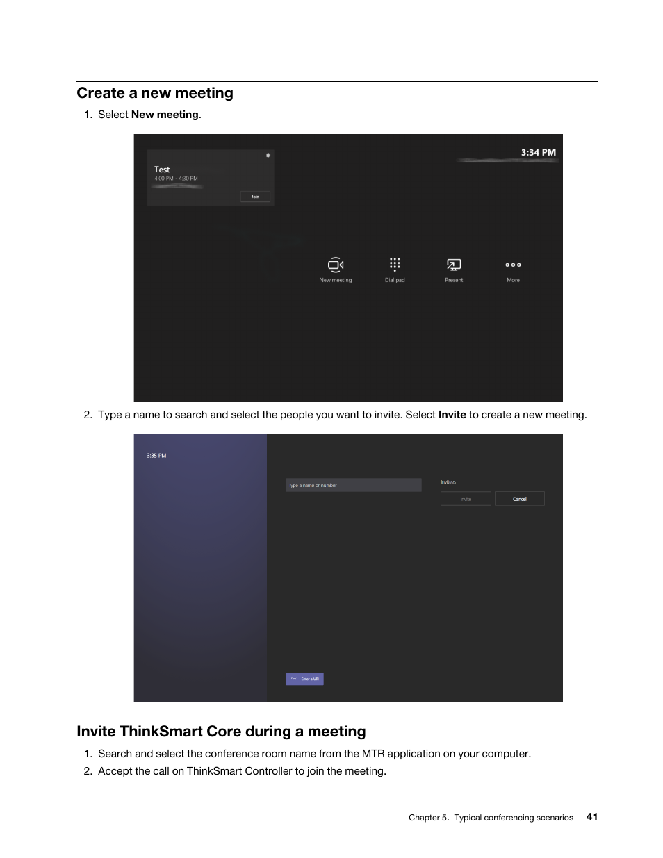 Create a new meeting, Invite thinksmart core during a meeting | Lenovo ThinkSmCore and IP Controller Kit for Microsoft Teams Rooms User Manual | Page 47 / 106