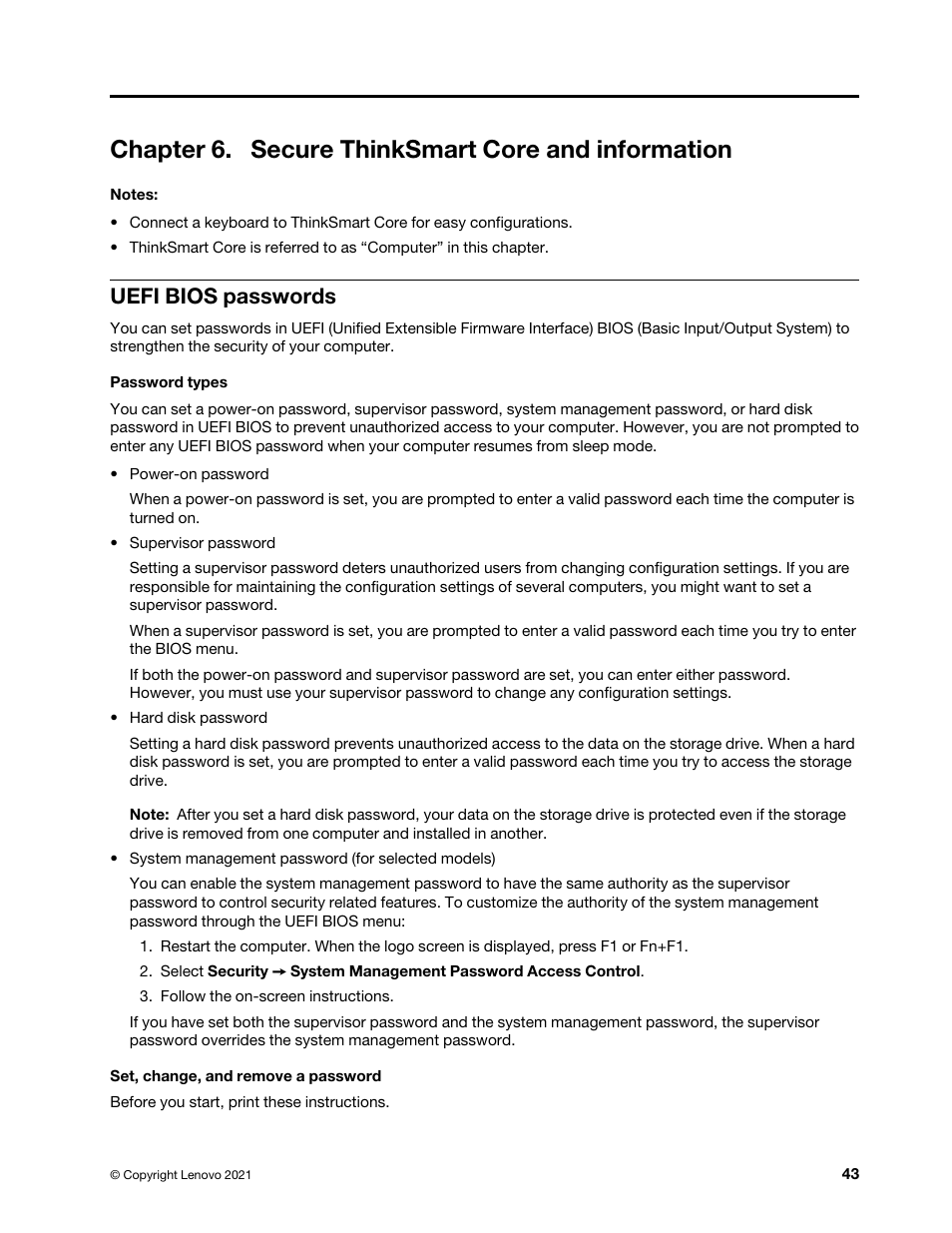 Chapter 6. secure thinksmart core and information, Uefi bios passwords | Lenovo ThinkSmCore and IP Controller Kit for Microsoft Teams Rooms User Manual | Page 49 / 106