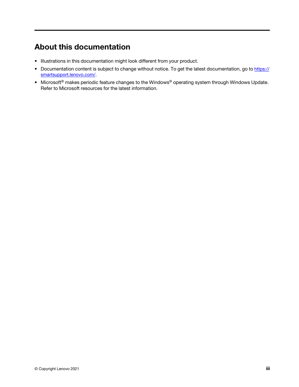 About this documentation | Lenovo ThinkSmCore and IP Controller Kit for Microsoft Teams Rooms User Manual | Page 5 / 106