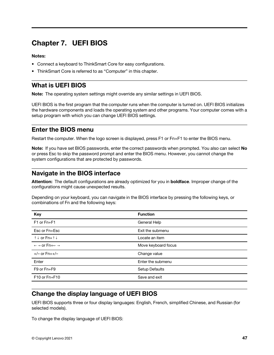 Chapter 7. uefi bios, What is uefi bios, Enter the bios menu | Navigate in the bios interface, Change the display language of uefi bios | Lenovo ThinkSmCore and IP Controller Kit for Microsoft Teams Rooms User Manual | Page 53 / 106