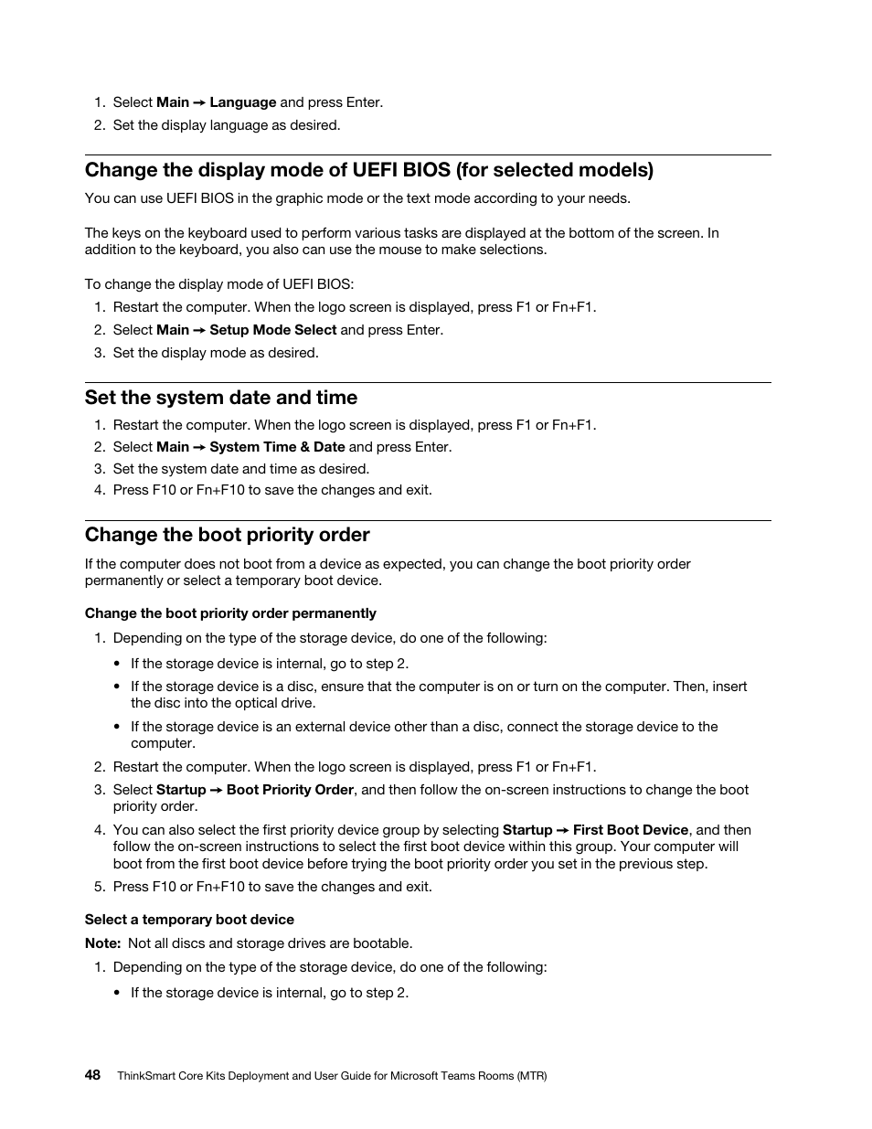 Set the system date and time, Change the boot priority order | Lenovo ThinkSmCore and IP Controller Kit for Microsoft Teams Rooms User Manual | Page 54 / 106