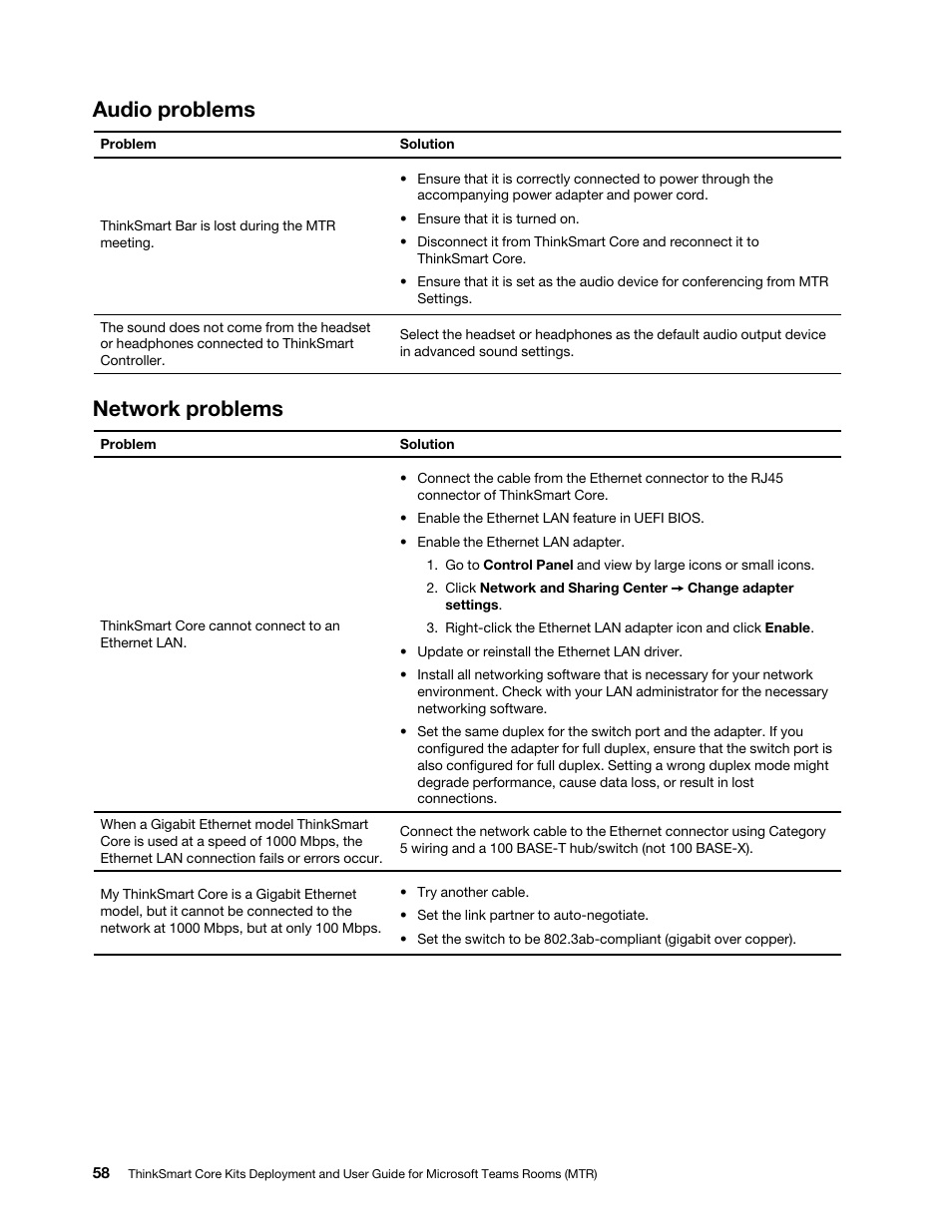 Audio problems, Network problems | Lenovo ThinkSmCore and IP Controller Kit for Microsoft Teams Rooms User Manual | Page 64 / 106