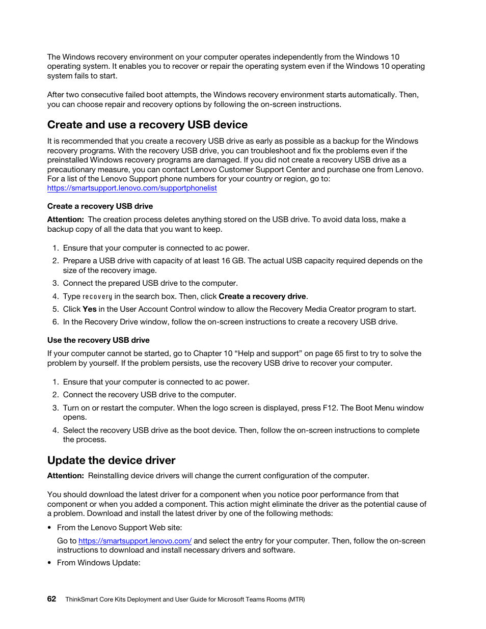 Create and use a recovery usb device, Update the device driver | Lenovo ThinkSmCore and IP Controller Kit for Microsoft Teams Rooms User Manual | Page 68 / 106