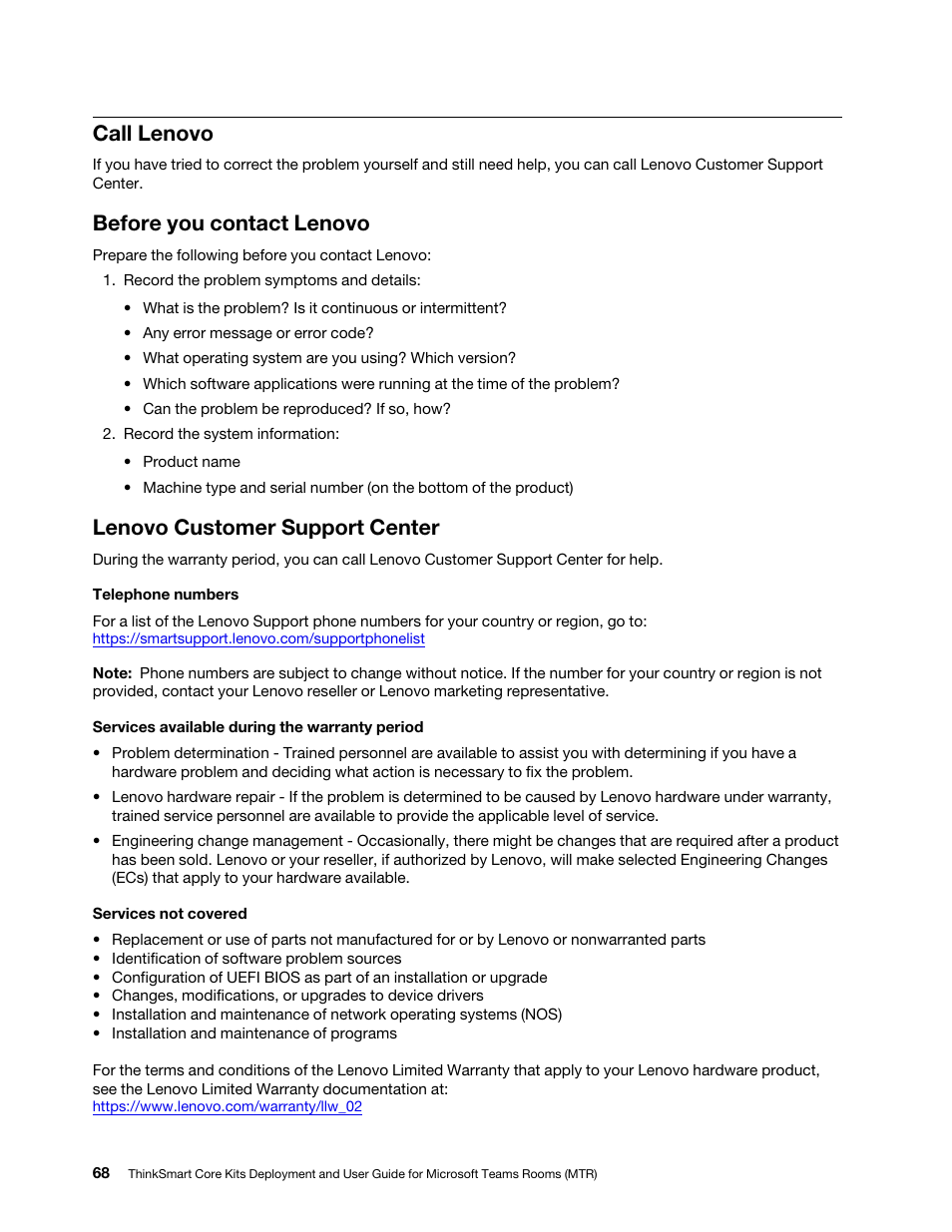 Call lenovo, Before you contact lenovo, Lenovo customer support center | Lenovo ThinkSmCore and IP Controller Kit for Microsoft Teams Rooms User Manual | Page 74 / 106