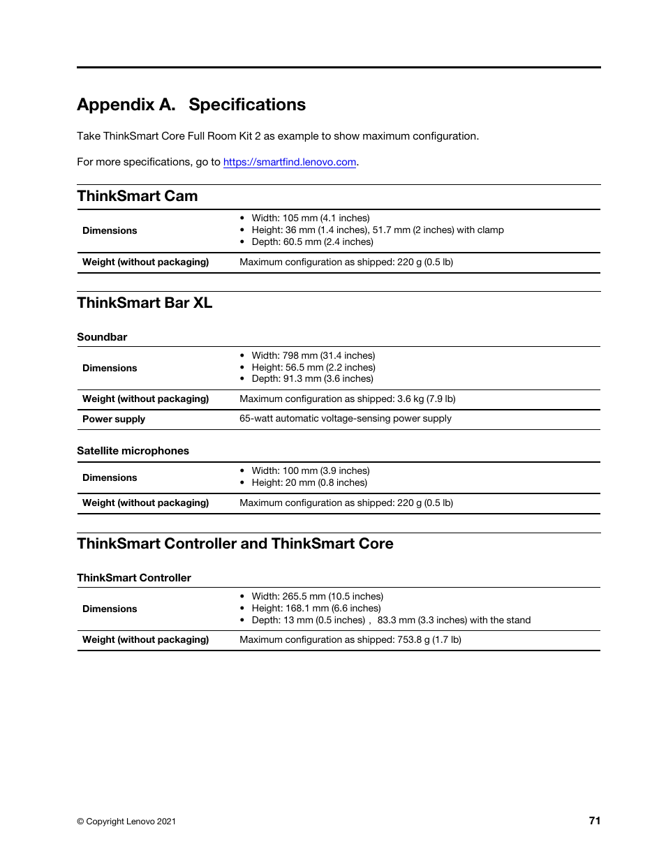 Appendix a. specifications, Thinksmart cam, Thinksmart bar xl | Thinksmart controller and thinksmart core | Lenovo ThinkSmCore and IP Controller Kit for Microsoft Teams Rooms User Manual | Page 77 / 106