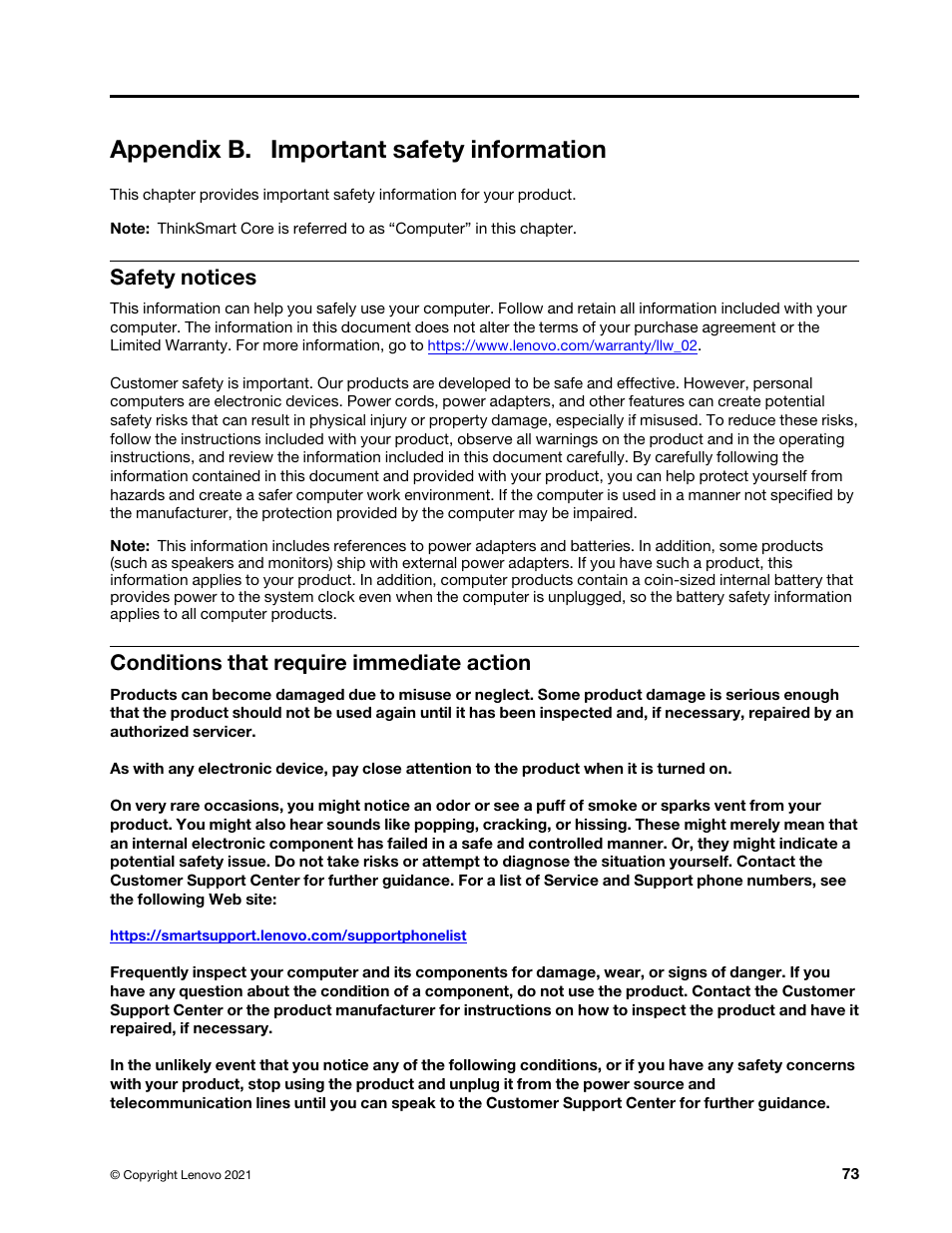 Appendix b. important safety information, Safety notices, Conditions that require immediate action | Lenovo ThinkSmCore and IP Controller Kit for Microsoft Teams Rooms User Manual | Page 79 / 106