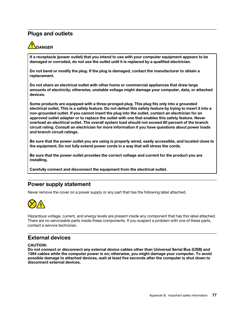 Plugs and outlets, Power supply statement, External devices | Lenovo ThinkSmCore and IP Controller Kit for Microsoft Teams Rooms User Manual | Page 83 / 106