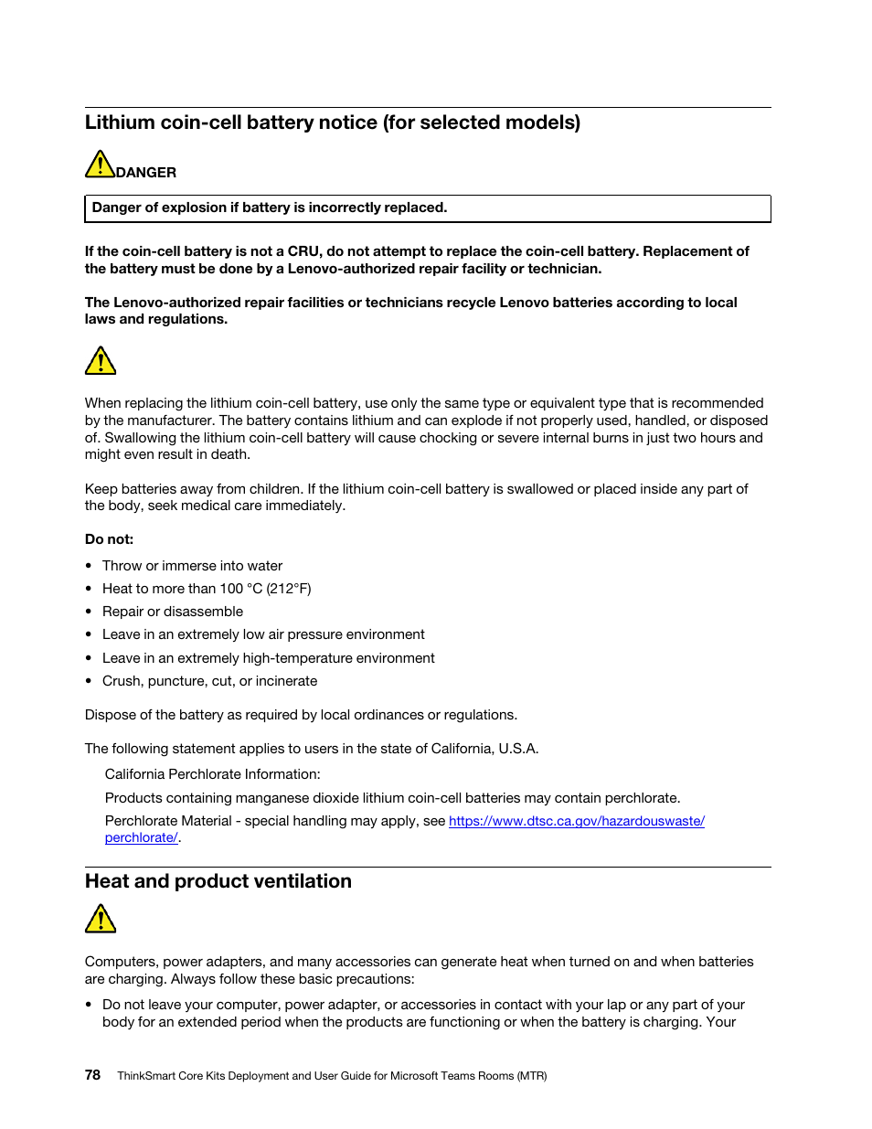 Heat and product ventilation | Lenovo ThinkSmCore and IP Controller Kit for Microsoft Teams Rooms User Manual | Page 84 / 106