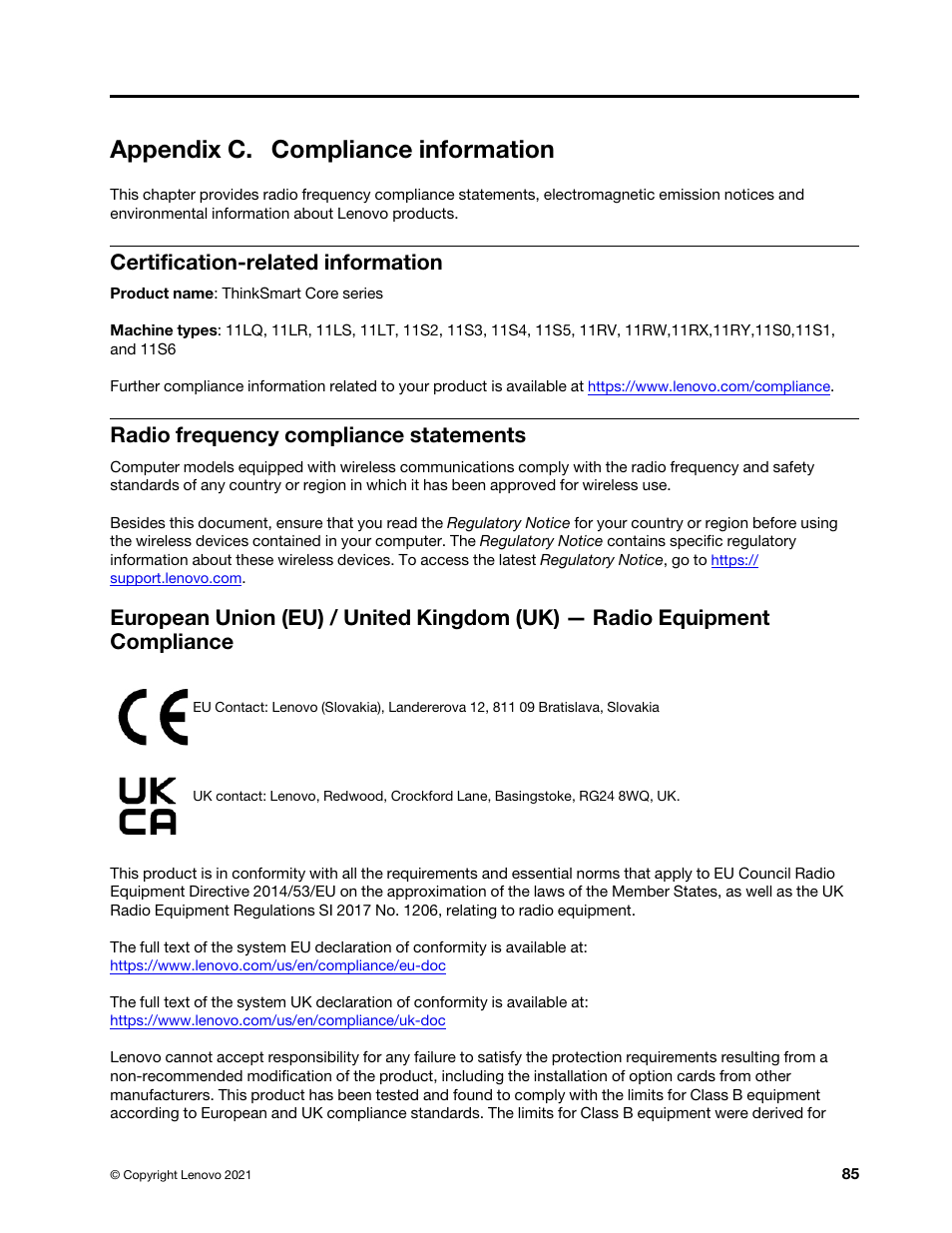 Appendix c. compliance information, Certification-related information, Radio frequency compliance statements | Lenovo ThinkSmCore and IP Controller Kit for Microsoft Teams Rooms User Manual | Page 91 / 106