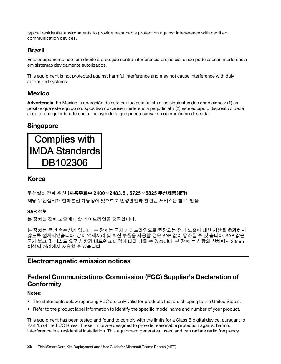 Brazil, Mexico, Singapore korea | Lenovo ThinkSmCore and IP Controller Kit for Microsoft Teams Rooms User Manual | Page 92 / 106