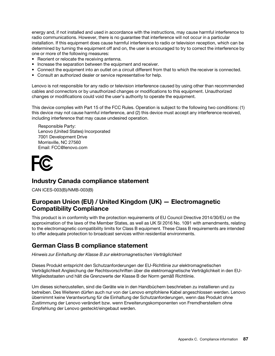 Industry canada compliance statement, German class b compliance statement | Lenovo ThinkSmCore and IP Controller Kit for Microsoft Teams Rooms User Manual | Page 93 / 106