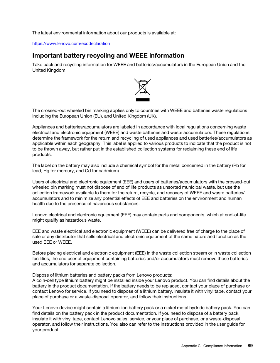 Important battery recycling and weee information | Lenovo ThinkSmCore and IP Controller Kit for Microsoft Teams Rooms User Manual | Page 95 / 106