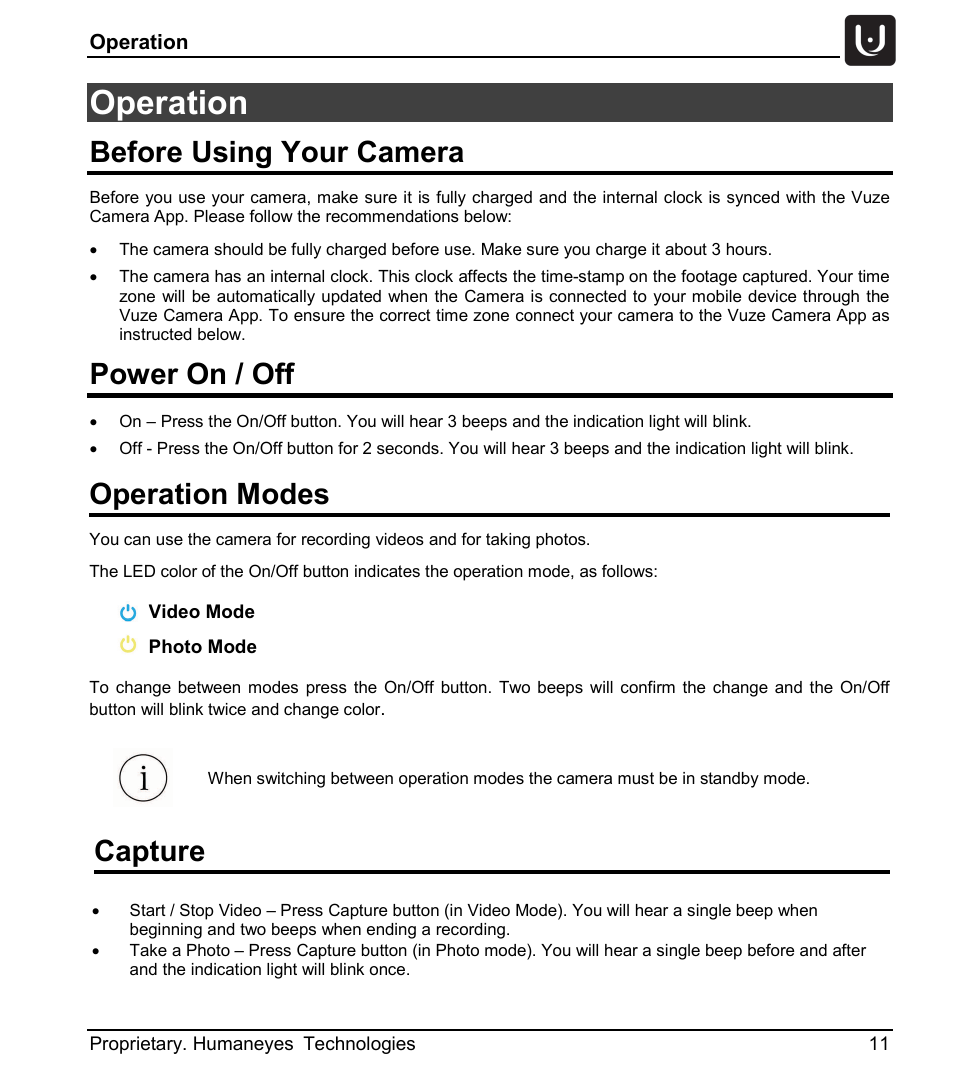 Operation, Before using your camera, Power on / off | Operation modes, Capture | Vuze 4K 3D 360 Spherical VR Camera (Yellow) User Manual | Page 11 / 113