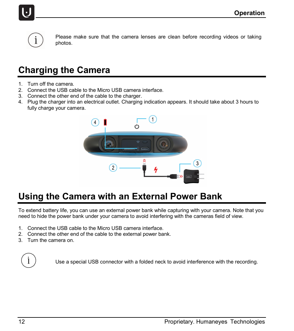 Charging the camera, Using the camera with an external power bank, Operation | Vuze 4K 3D 360 Spherical VR Camera (Yellow) User Manual | Page 12 / 113