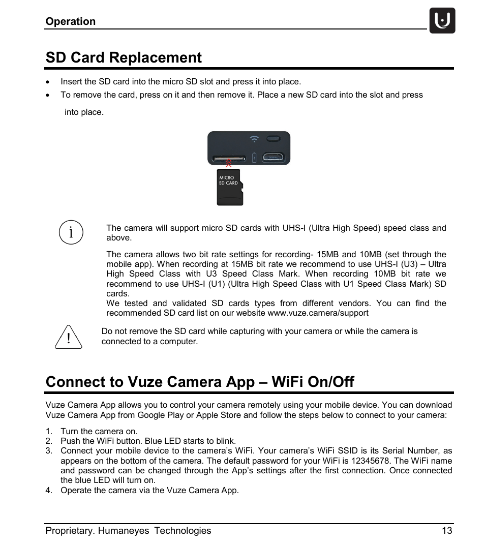Sd card replacement, Connect to vuze camera app – wifi on/off | Vuze 4K 3D 360 Spherical VR Camera (Yellow) User Manual | Page 13 / 113