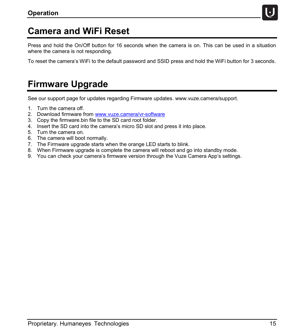 Camera and wifi reset, Firmware upgrade | Vuze 4K 3D 360 Spherical VR Camera (Yellow) User Manual | Page 15 / 113