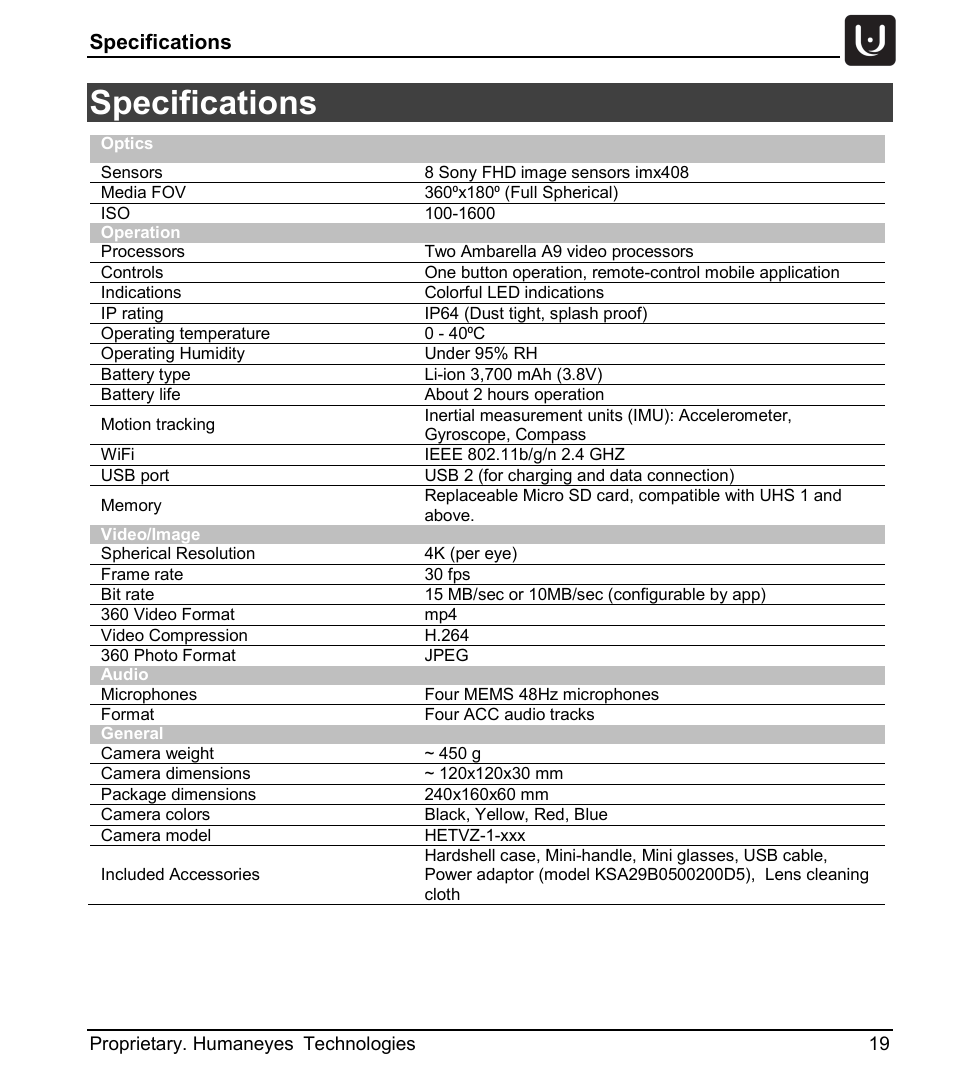Specifications | Vuze 4K 3D 360 Spherical VR Camera (Yellow) User Manual | Page 19 / 113