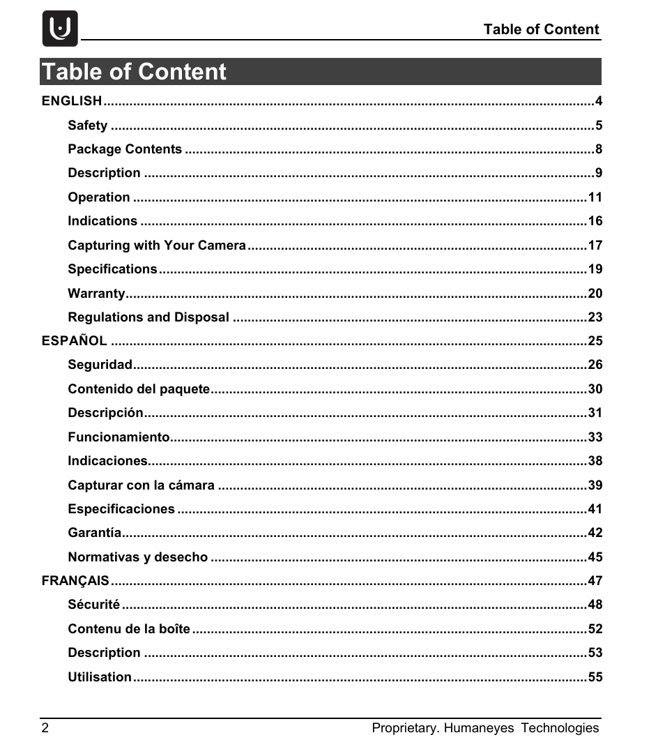 Table of content | Vuze 4K 3D 360 Spherical VR Camera (Yellow) User Manual | Page 2 / 113