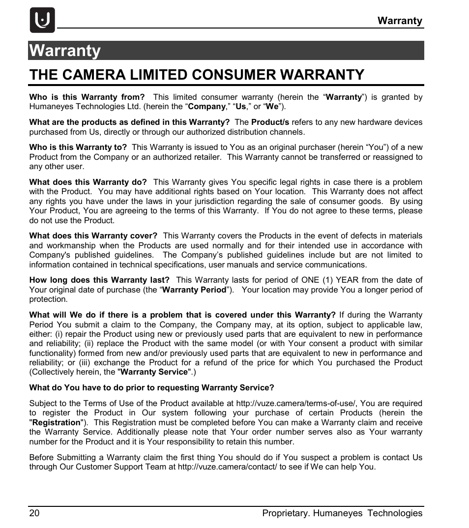 Warranty, The camera limited consumer warranty | Vuze 4K 3D 360 Spherical VR Camera (Yellow) User Manual | Page 20 / 113