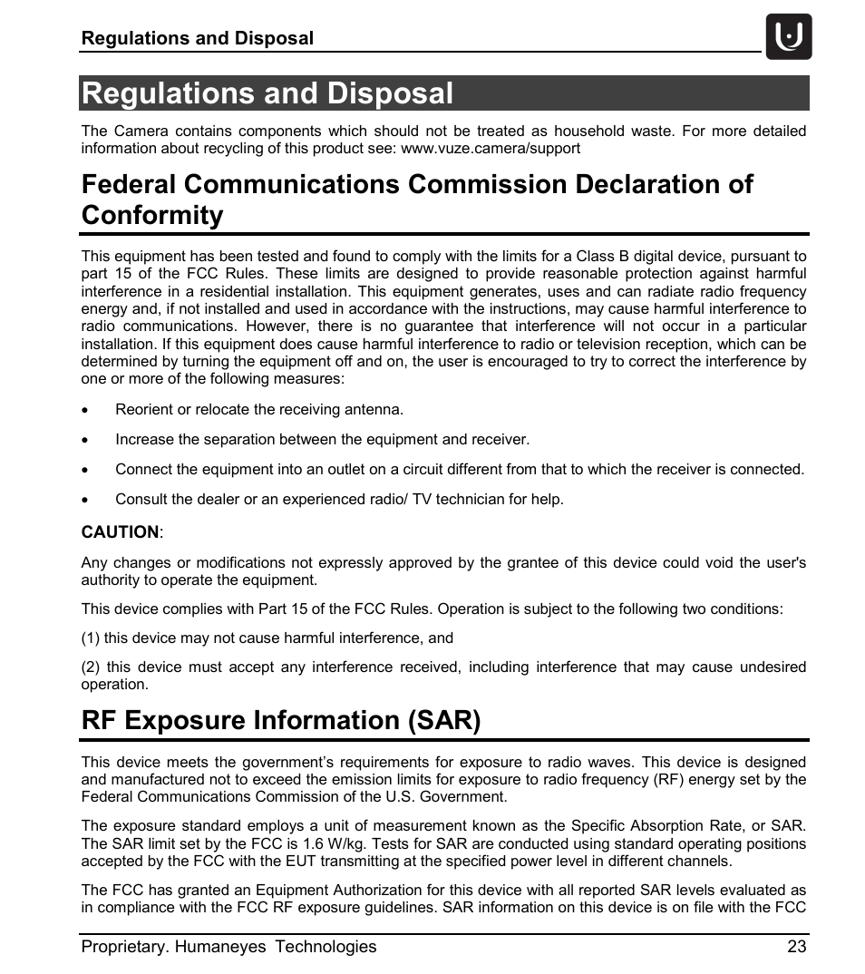 Regulations and disposal, Rf exposure information (sar) | Vuze 4K 3D 360 Spherical VR Camera (Yellow) User Manual | Page 23 / 113