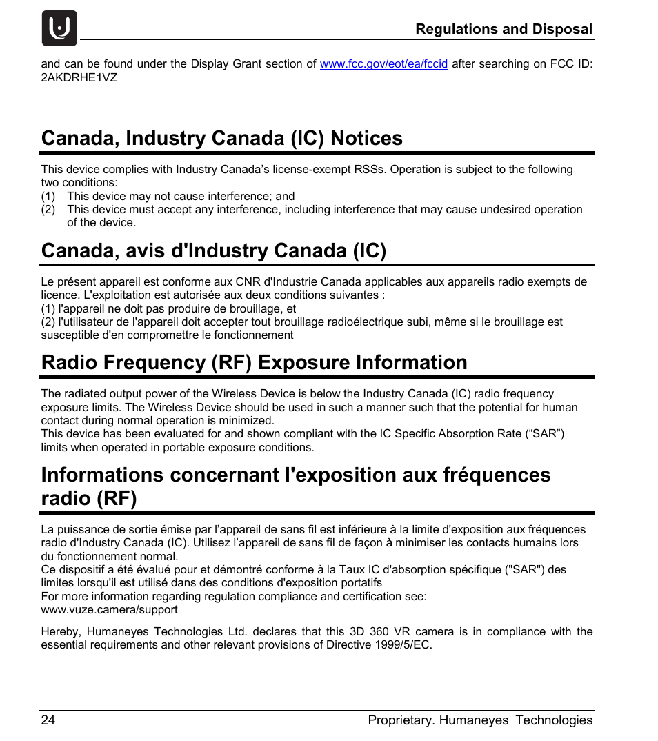 Canada, industry canada (ic) notices, Canada, avis d'industry canada (ic), Radio frequency (rf) exposure information | Vuze 4K 3D 360 Spherical VR Camera (Yellow) User Manual | Page 24 / 113
