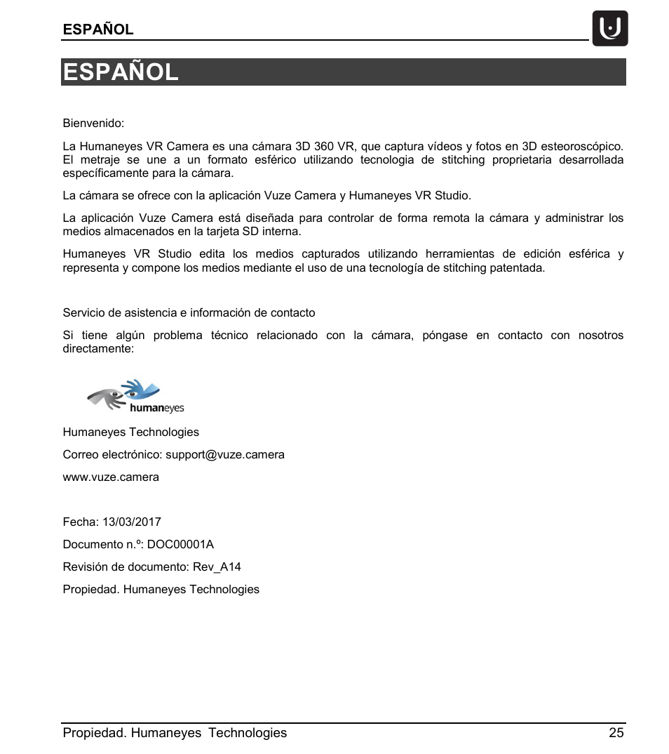 Español | Vuze 4K 3D 360 Spherical VR Camera (Yellow) User Manual | Page 25 / 113