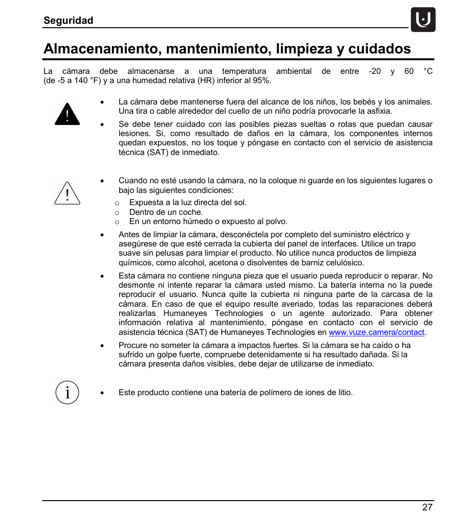 Almacenamiento, mantenimiento, limpieza y cuidados | Vuze 4K 3D 360 Spherical VR Camera (Yellow) User Manual | Page 27 / 113