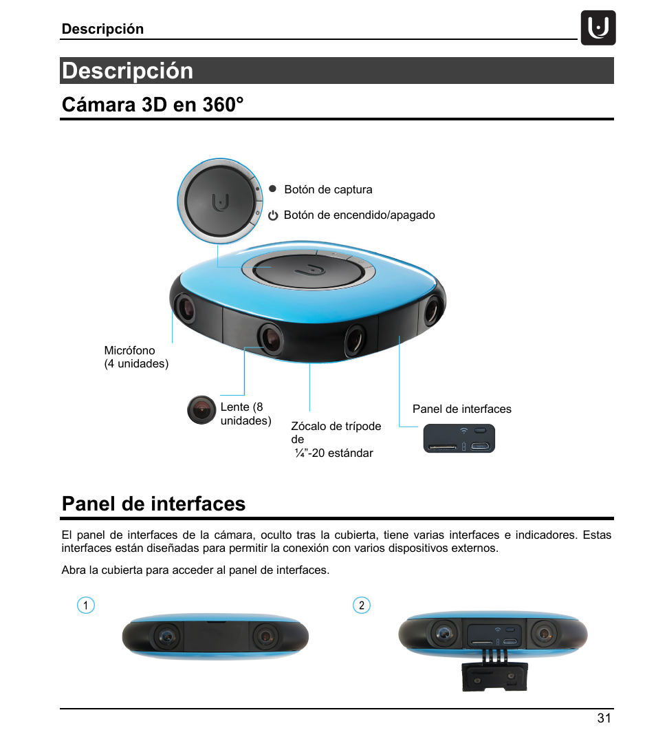 Descripción, Cámara 3d en 360, Panel de interfaces | Vuze 4K 3D 360 Spherical VR Camera (Yellow) User Manual | Page 31 / 113