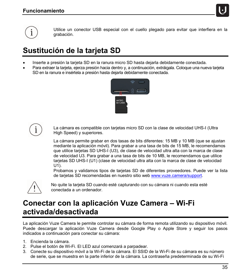 Sustitución de la tarjeta sd | Vuze 4K 3D 360 Spherical VR Camera (Yellow) User Manual | Page 35 / 113