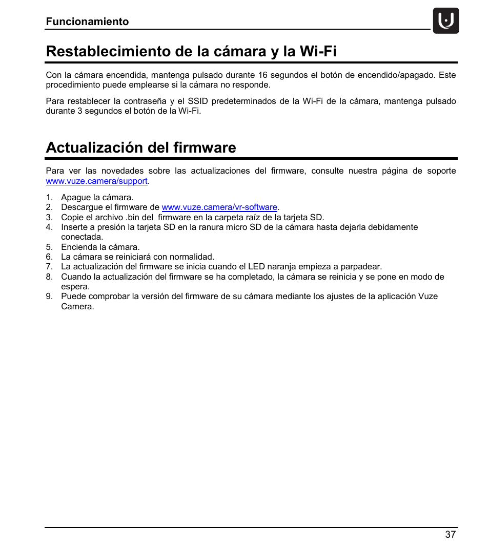 Restablecimiento de la cámara y la wi-fi, Actualización del firmware | Vuze 4K 3D 360 Spherical VR Camera (Yellow) User Manual | Page 37 / 113