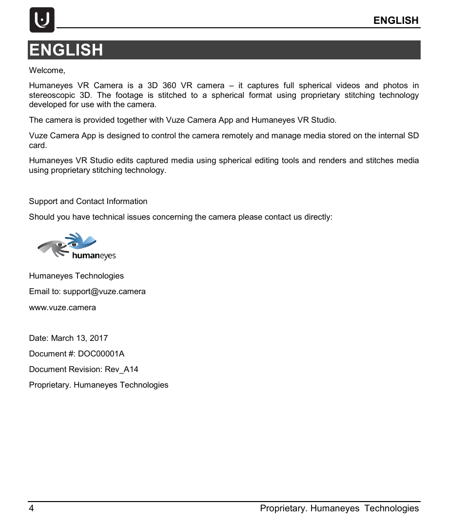 English | Vuze 4K 3D 360 Spherical VR Camera (Yellow) User Manual | Page 4 / 113