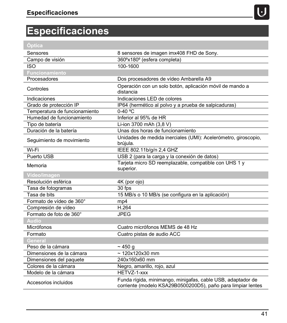 Especificaciones | Vuze 4K 3D 360 Spherical VR Camera (Yellow) User Manual | Page 41 / 113