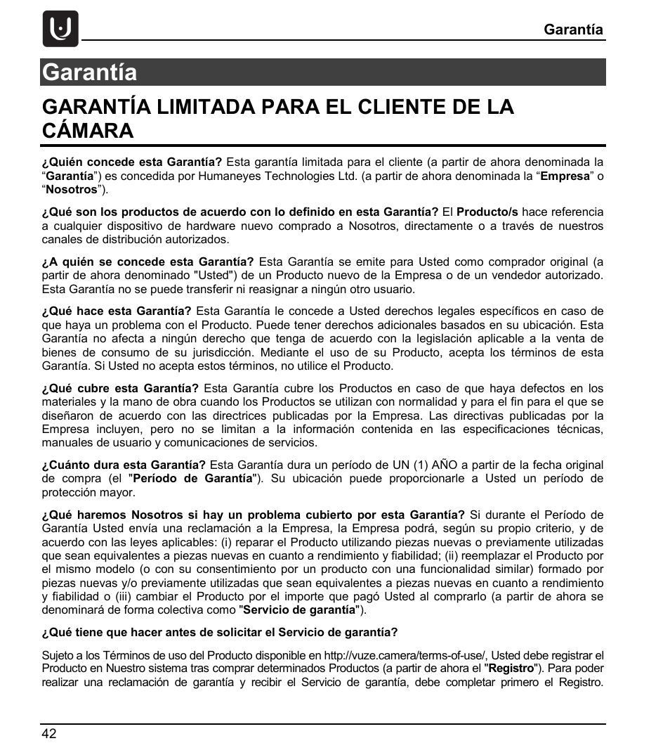 Garantía, Garantía limitada para el cliente de la cámara | Vuze 4K 3D 360 Spherical VR Camera (Yellow) User Manual | Page 42 / 113